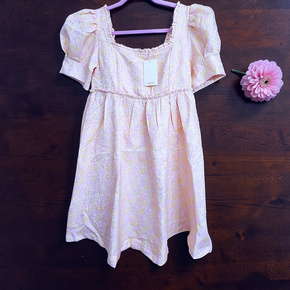 Lovelo Floral Jacquard Feminine Puff Sleeve Empire Waist Babydoll Dress Med NWT